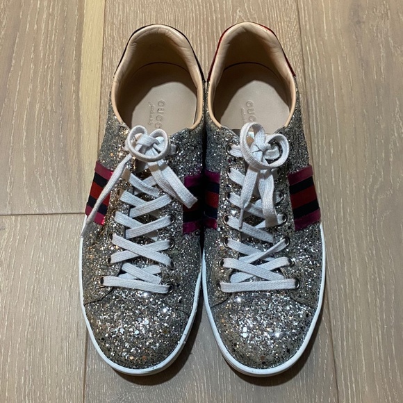 GUCCI SILVER GLITTER ACE SNEAKERS - Picture 2 of 5